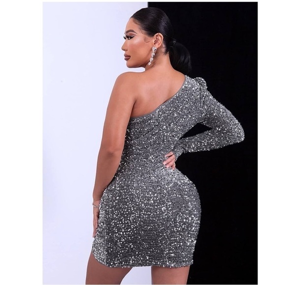 Vintage One Shoulder Glamorous Long Sleeve Sequins Grey Body con Mini Dress NWOT - Picture 9 of 16